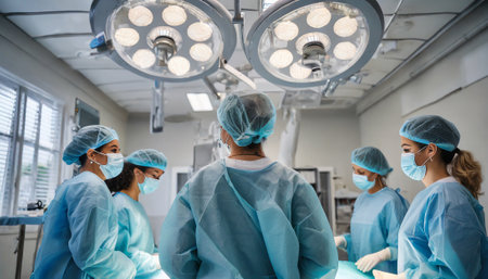 Surgeons performing operation in operating room at hospital. Group of surgeons in operating room with surgery equipment.の素材