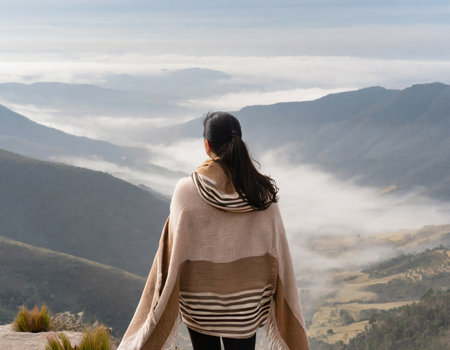 Beautiful asian woman standing on top of mountain and looking at the misty valleyの素材