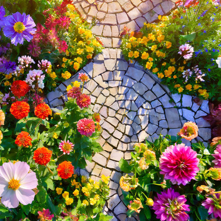 Colorful flower garden background. Top view of beautiful blooming flower garden.の素材