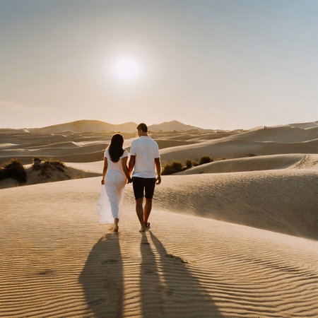 Couple in love walking in the sand dunes of the Sahara desert.の素材