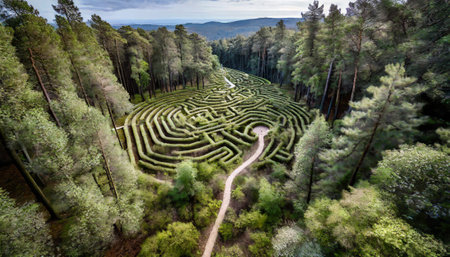 Photo for Maze in the pine forest. The labyrinth is located in the middle of the forest. - Royalty Free Image