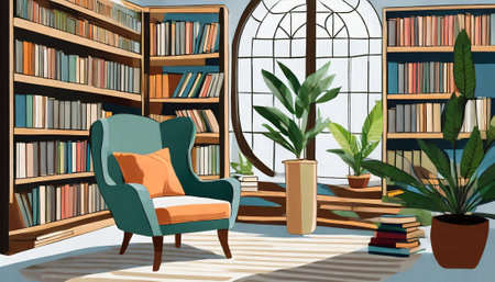 Living room interior with armchair and bookshelf. Vector illustration.の素材
