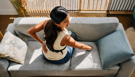 High angle view of young woman suffering from back pain while sitting on sofa at homeの素材