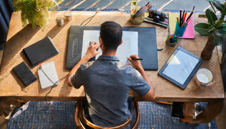 High angle view of young man writing on notepad while sitting at tableの素材
