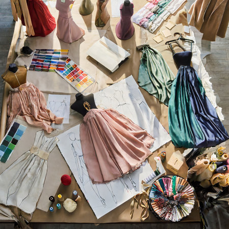 High angle view of a sewing workshop with a lot of sewing accessoriesの素材
