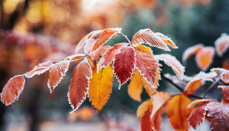 Autumn leaves covered with hoarfrost. Beautiful autumn background.の素材