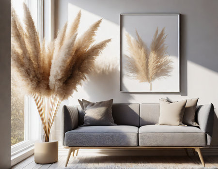 Living room interior with sofa, plant and poster. 3d renderの素材