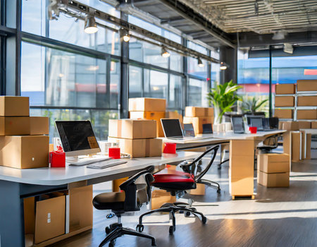startup small business owner working at office with boxes on the deskの素材