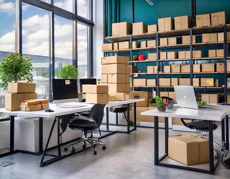 Modern office interior with boxes on the floor. 3d rendering.の素材