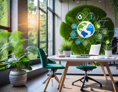 Ecology concept in office with green environment icons around the world.の素材