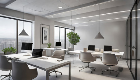 Modern office interior with panoramic window. 3D Renderingの素材