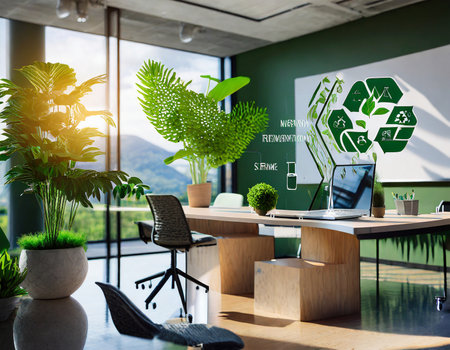 Modern office interior with green wall and wooden floor. 3d renderingの素材