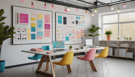 Interior of modern office with white walls, wooden floor, rows of colorful computer tables and yellow chairs. 3d rendering mock upの素材