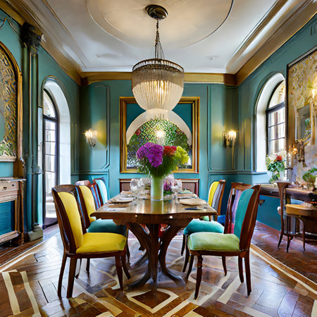 Luxury interior of a classic dining room in green tones.の素材