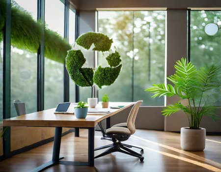 modern office interior with green plants, table and chair, stock photoの素材
