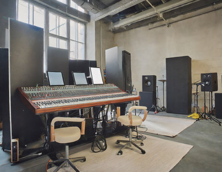 interior of a modern recording studio with professional equipment and music equipmentの素材