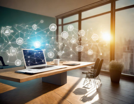 Modern office interior with social connection concept and media icons. 3D Renderingの素材