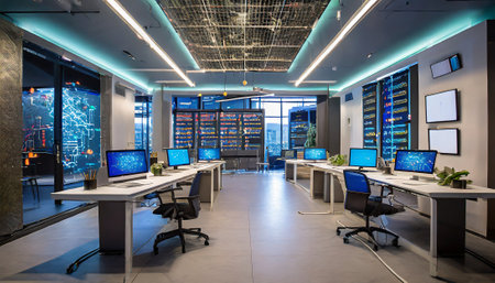 Interior of a modern office with computers and monitors, night viewの素材
