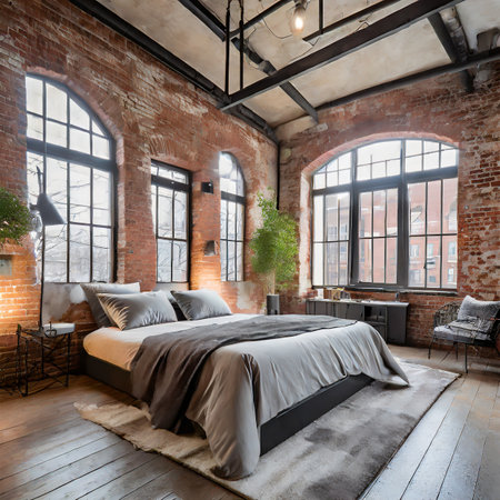 Interior of loft style bedroom with brick wall and wooden floor. 3d renderの素材