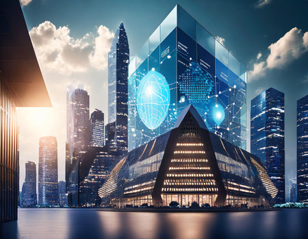 Modern city with skyscrapers and digital planet hologram. Double exposureの素材
