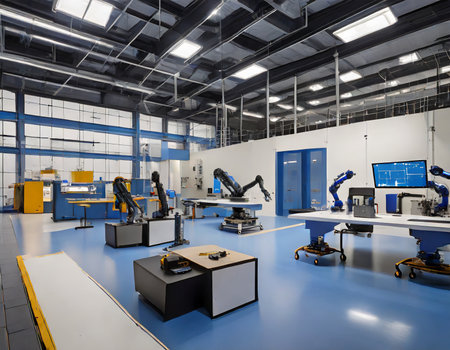 Interior of a modern factory for the production of robots and automated machineryの素材