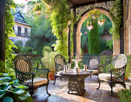 Beautiful terrace with tables and chairs in the summer garden.の素材