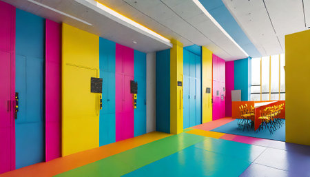 Interior of a modern school corridor with bright walls and colorful doorsの素材
