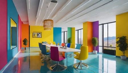Interior of modern dining room with colorful walls and ceiling. Nobody insideの素材