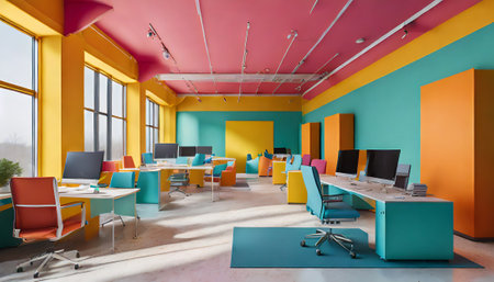 Interior of modern office with colorful walls, concrete floor, rows of computer tables and yellow and orange chairs. 3d renderingの素材