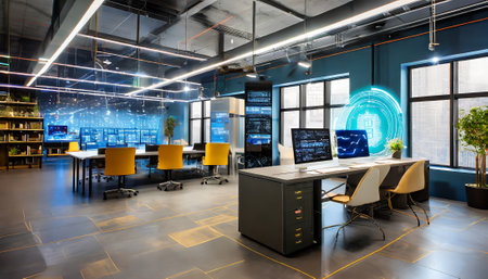 Interior of modern office space with computers, monitors and conference roomの素材