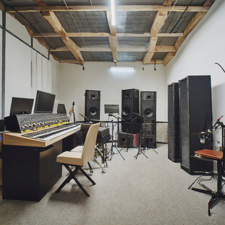 Interior of a recording studio with professional equipment and music equipment.の素材