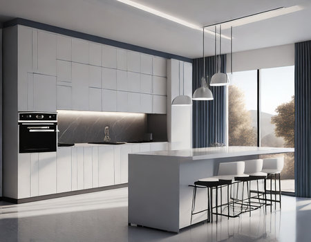 Interior of modern kitchen with white and gray walls, concrete floor, white cupboards and white countertops with built in sink and cooker. 3d renderingの素材