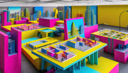 3D rendering of a modern city with colorful houses and skyscrapersの素材