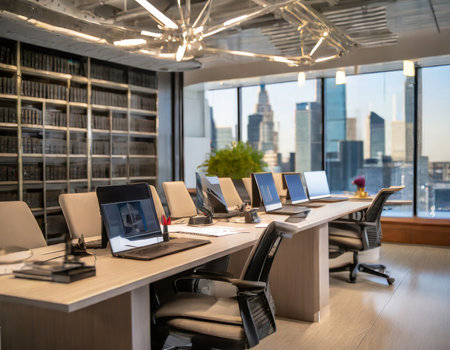 Interior of a modern office with a panoramic city viewの素材