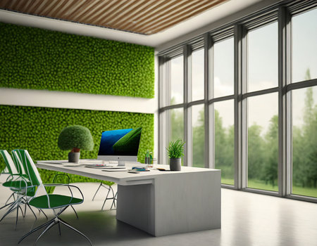 Modern office interior with green wall and window. 3D Renderingの素材