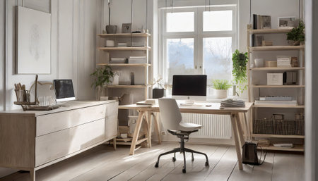 Modern workplace with computer and books on wooden table in modern office.の素材