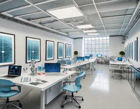 3d render of modern lab interior with blue and white computer desksの素材