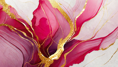 Abstract watercolor background with gold, pink and black splashes.の素材