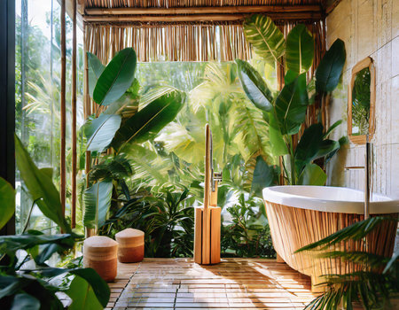Bathroom interior with tropical plants and a wooden bathtub.の素材