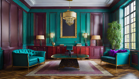 Classic interior of luxury living room with green walls, classic furniture, armchairs and round table. 3d renderの素材