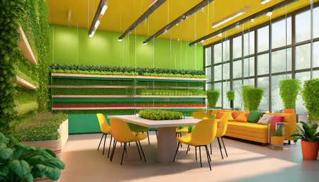 Interior of modern coffee shop with green walls, concrete floor, yellow sofa and green plants. 3d renderingの素材