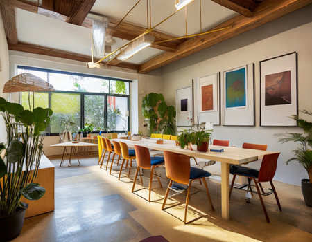 Interior of a modern dining room with wooden ceiling and wooden beamsの素材