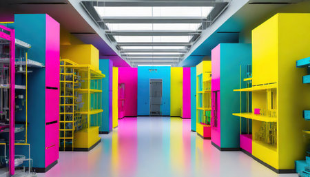 Interior of a modern corridor with bright colored walls. 3d renderingの素材