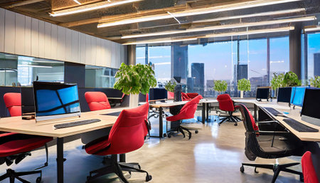 Modern office interior with computers and city view. Business and technology conceptの素材