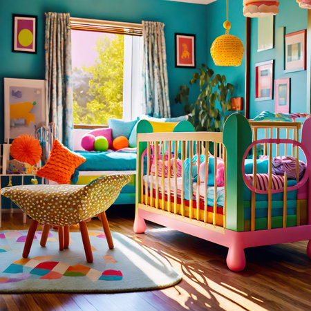 Children's room in bright colors with a bed and a cotの素材