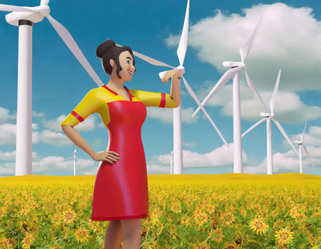 3d illustration of woman in red dress with wind turbines in backgroundの素材