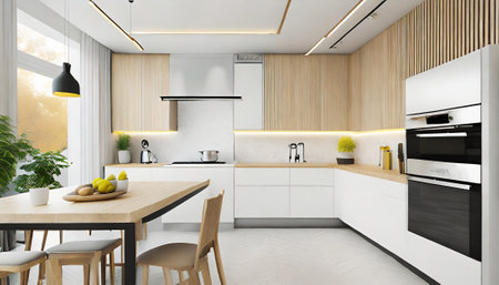 Interior of modern kitchen with white walls, wooden floor, white countertops and wooden cupboards. 3d renderingの素材