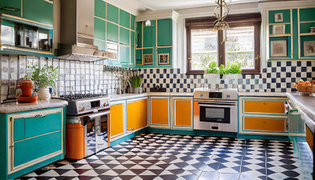 Interior of a classic green and blue kitchen with black and white tilesの素材
