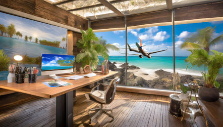 Interior of a modern office with tropical beach and palm trees.の素材