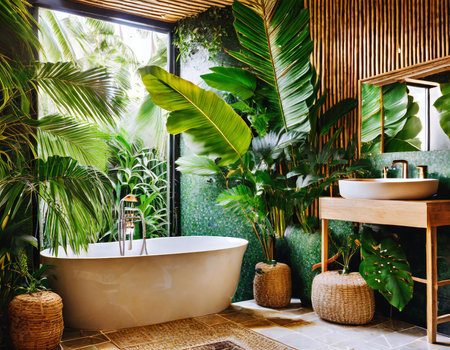 Bathroom interior with green tropical plants and wooden bathtub. Modern design.の素材